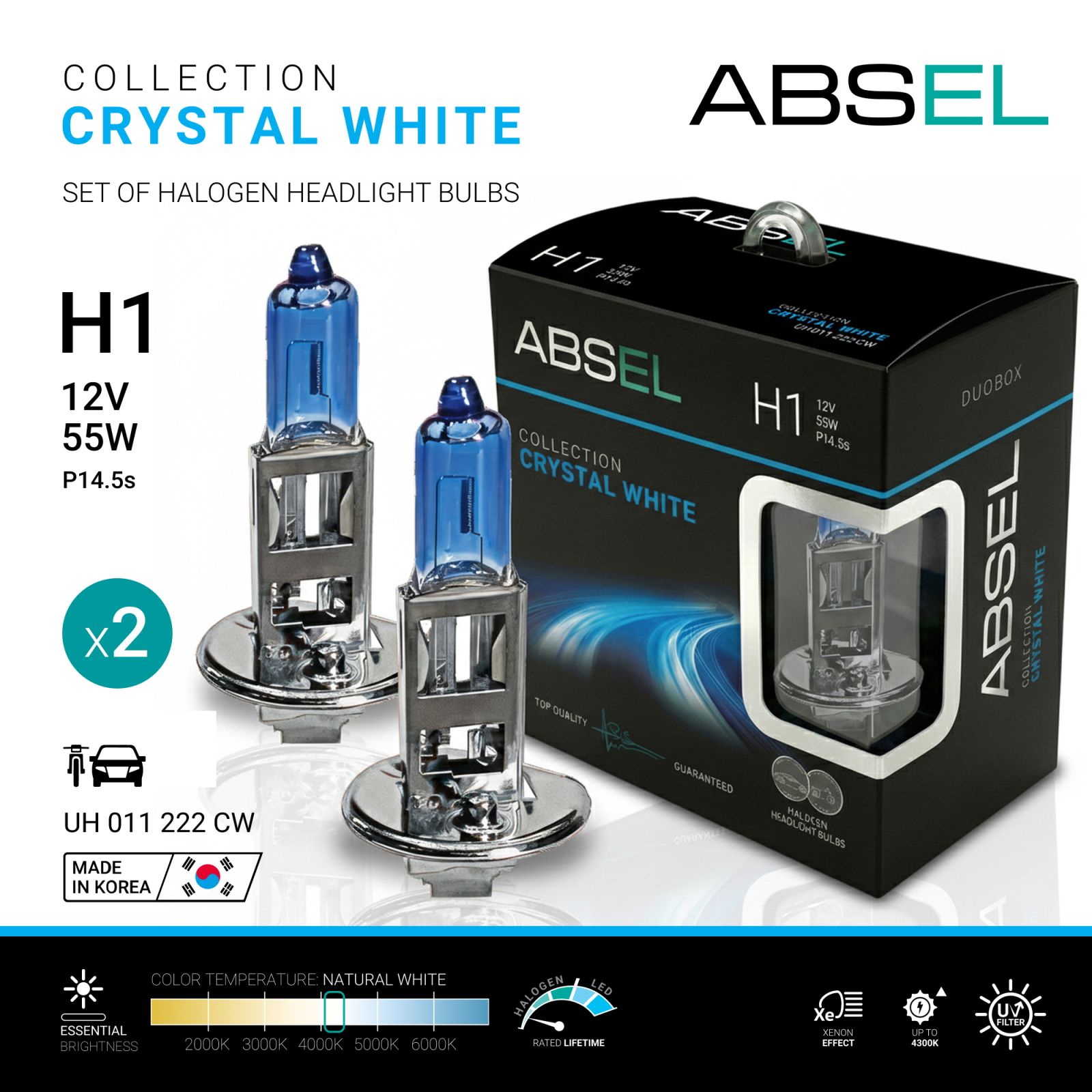 Лампа галогенная H1 P14.5s 12V 55W CRYSTAL WHITE (комплект 2шт) ABSEL UH011222CW