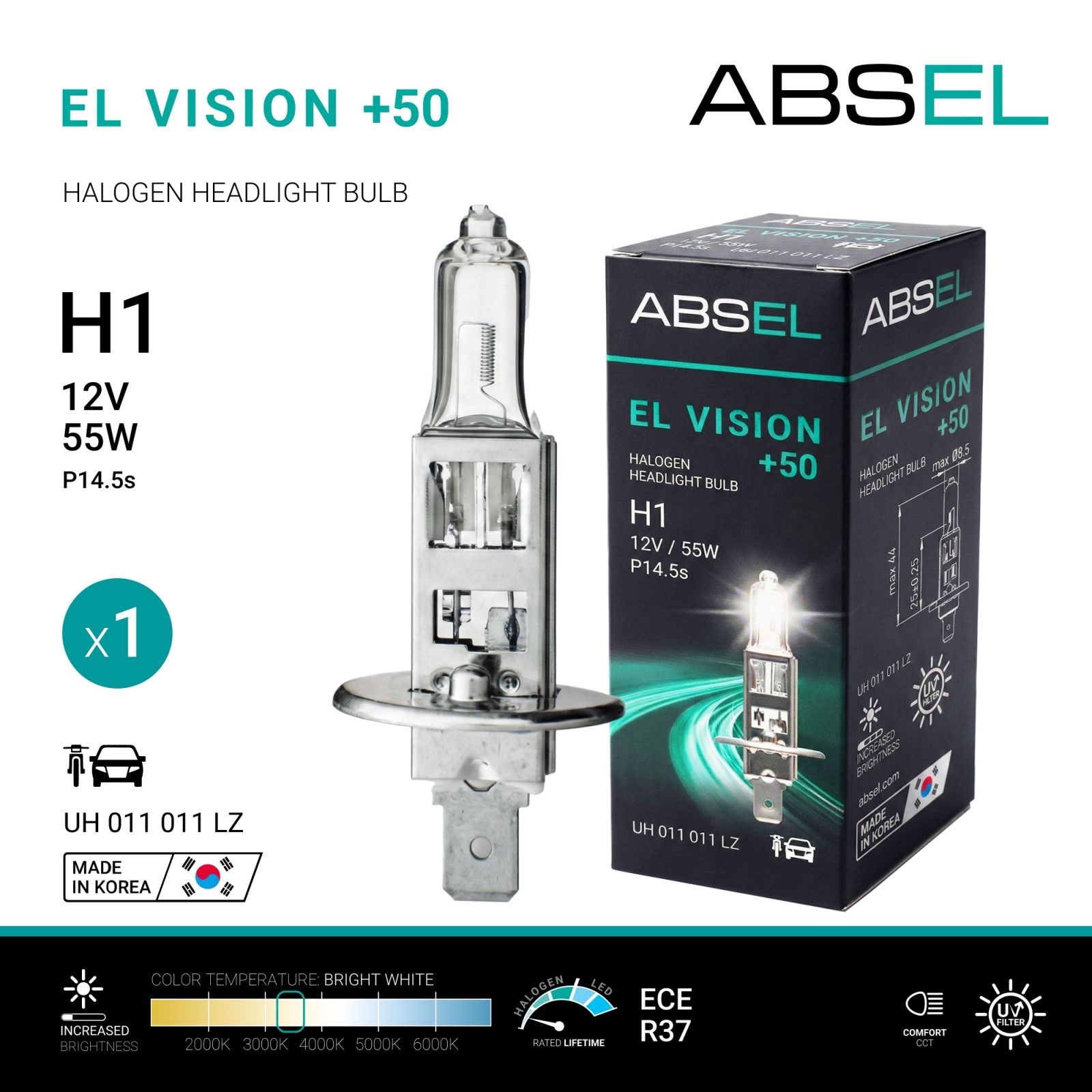 Лампа галогенная H1 P14.5s 12V 55W EL VISION +50 ABSEL UH011011LZ