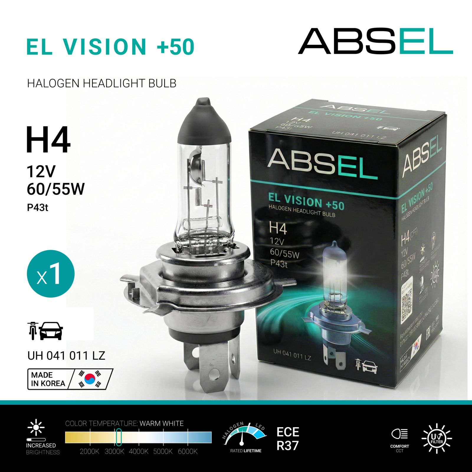 Лампа галогенная H4 P43t 12V 60/55W EL VISION +50 ABSEL UH041011LZ