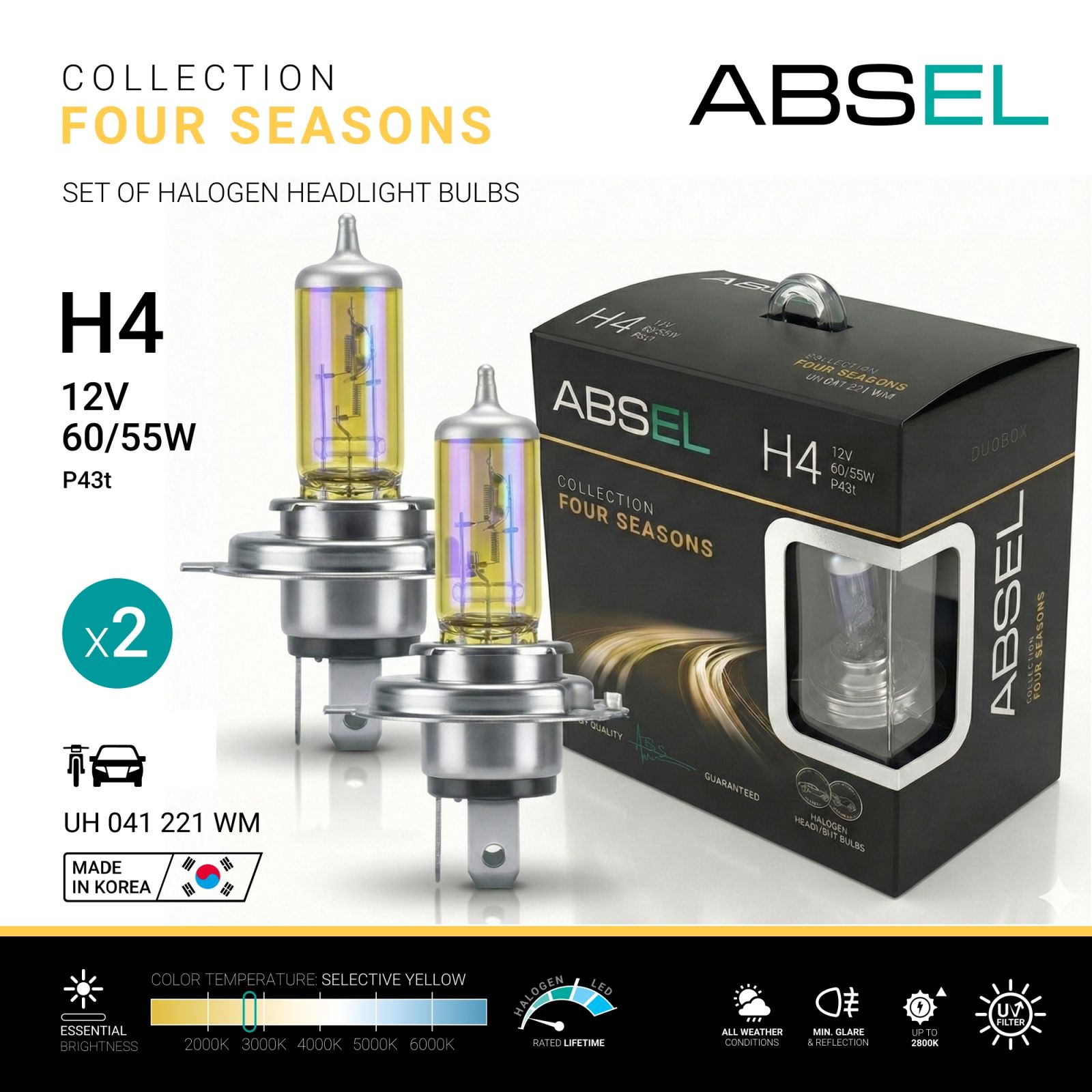 Лампа галогенная H4 P43t 12V 60/55W FOUR SEASONS (комплект 2шт) ABSEL UH041221WM