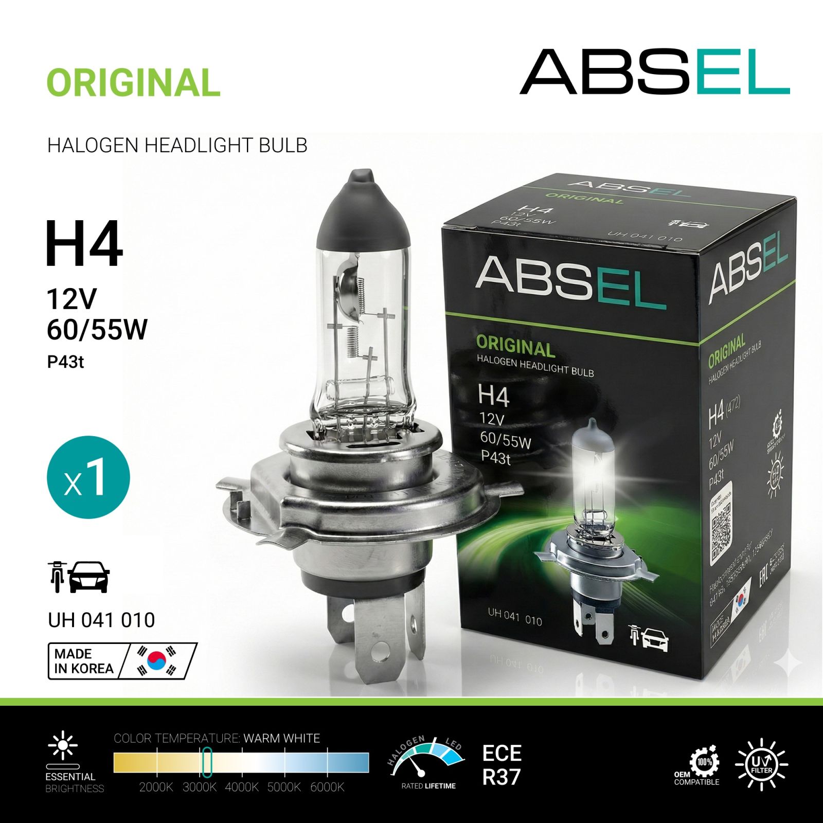 Лампа галогенная H4 P43t 12V 60/55W ORIGINAL ABSEL UH041010