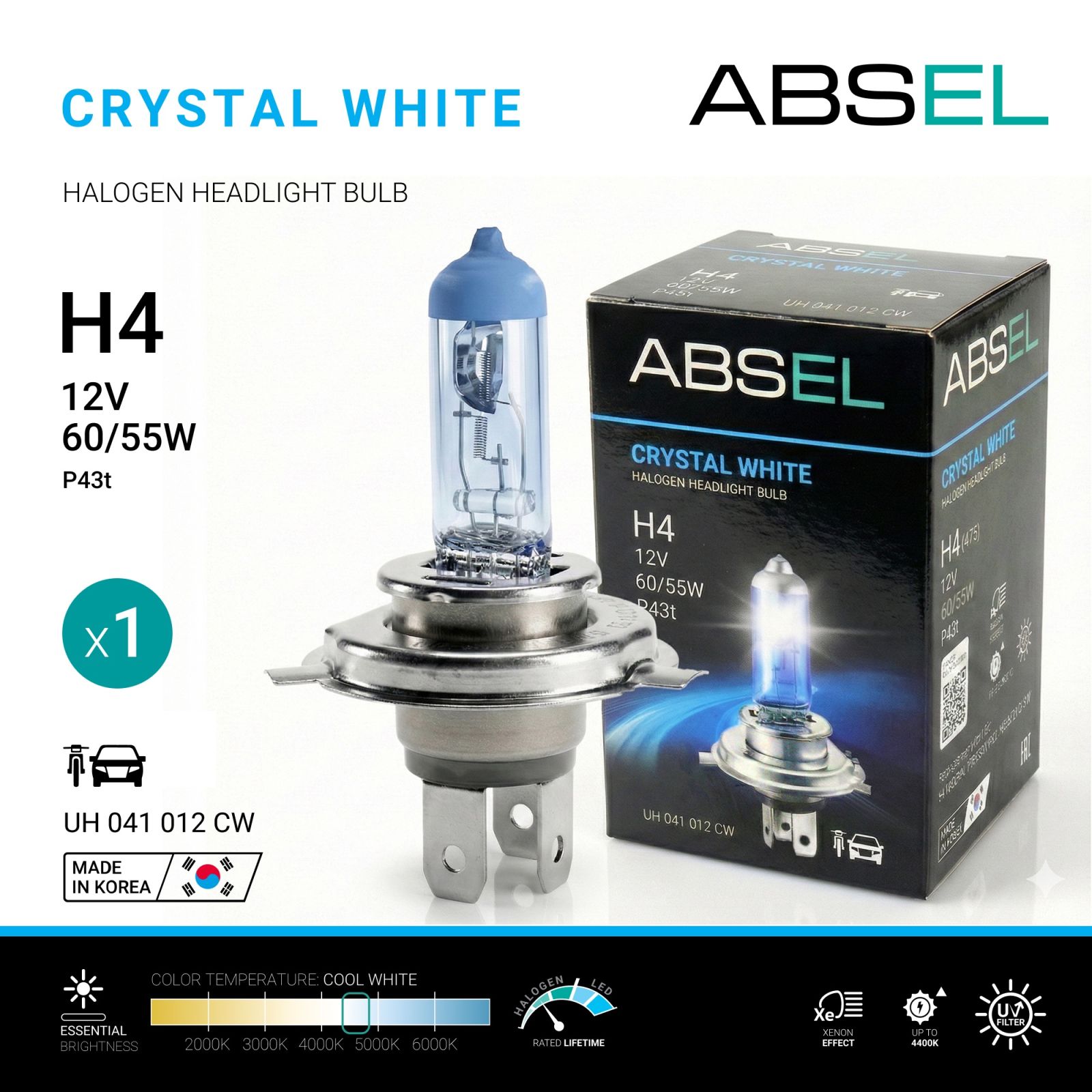 Лампа галогенная H4 P43t 60/55W 12V CRYSTAL WHITE ABSEL UH041012CW