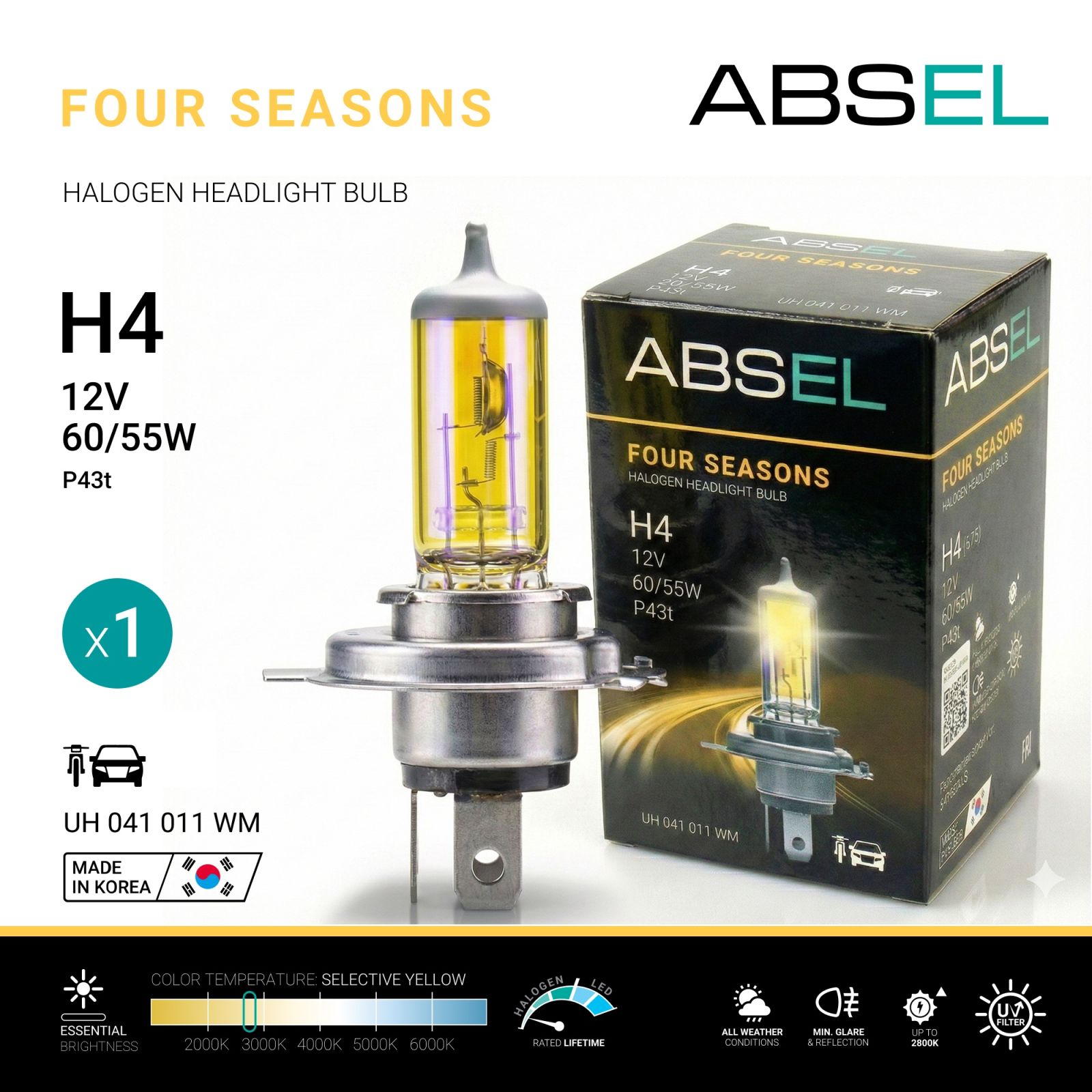 Лампа галогенная H4 P43t 60/55W 12V FOUR SEASONS ABSEL UH041011WM