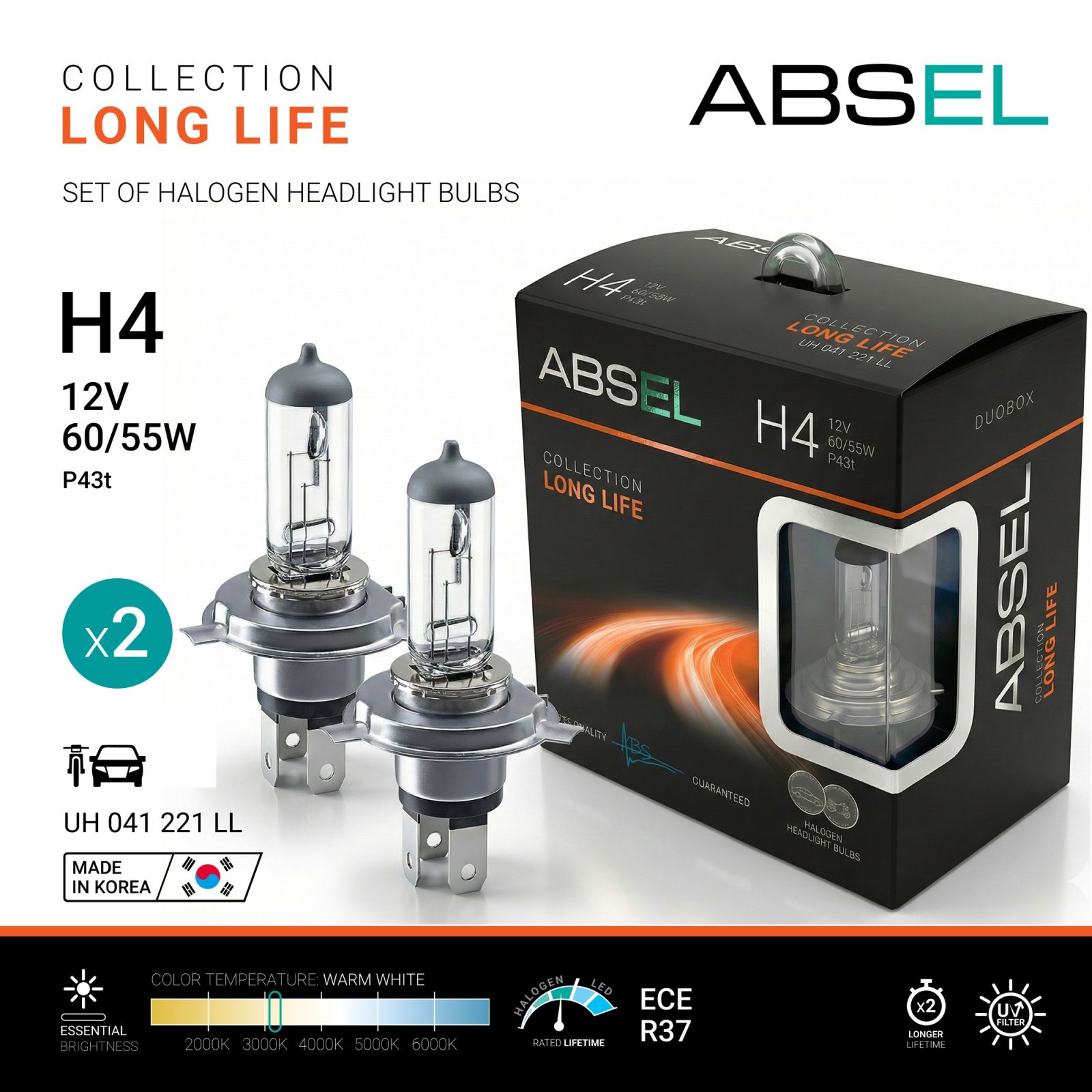 Лампа галогенная H4 P43t 60/55W 12V LONG LIFE (комплект 2 шт) ABSEL UH041221LL