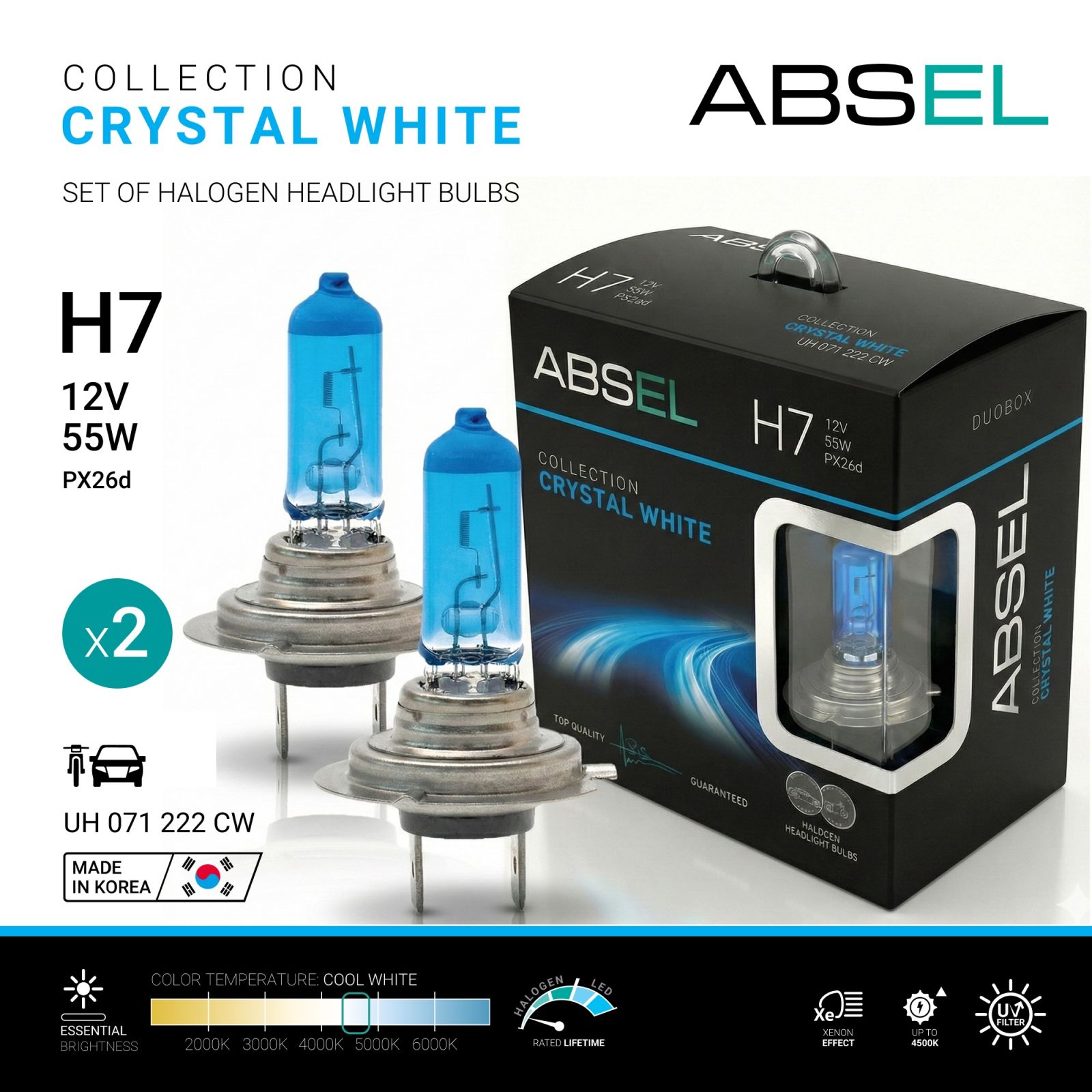 Лампа галогенная H7 PX26d 12V 55W CRYSTAL WHITE (комплект 2шт) ABSEL UH071222CW