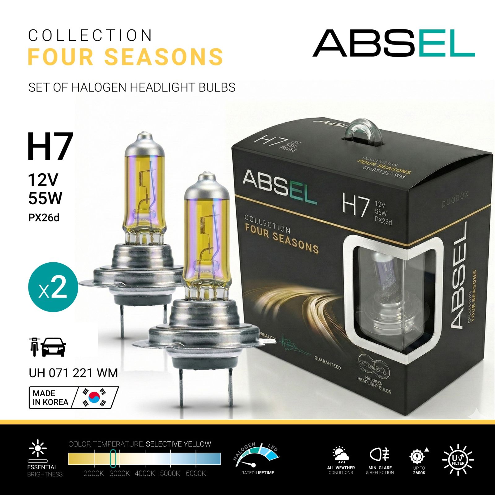 Лампа галогенная H7 PX26d 12V 55W FOUR SEASONS (комплект 2шт) ABSEL UH071221WM