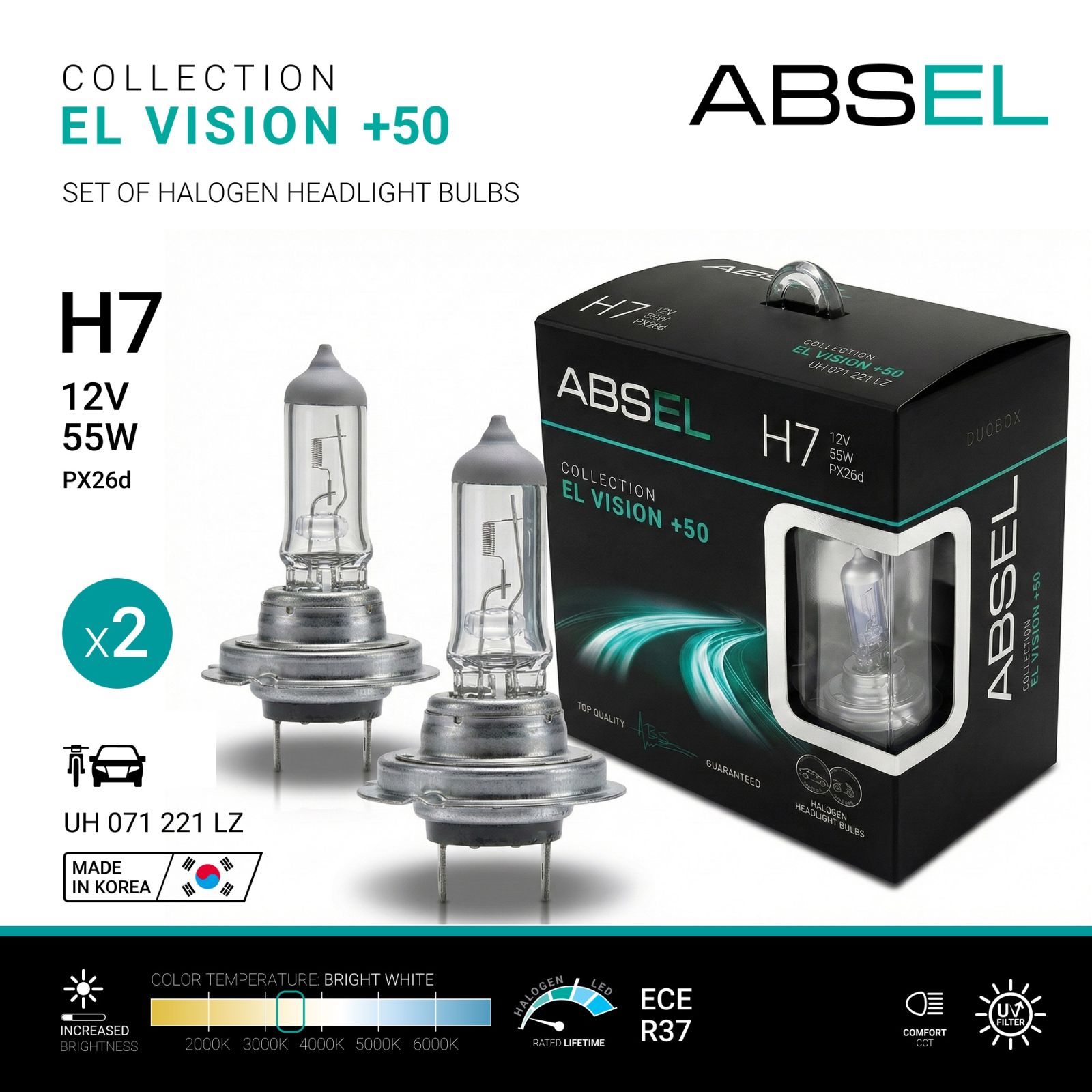 Лампа галогенная H7 PX26d 55W 12V EL VISION +50 (комплект 2 шт) ABSEL UH071221LZ