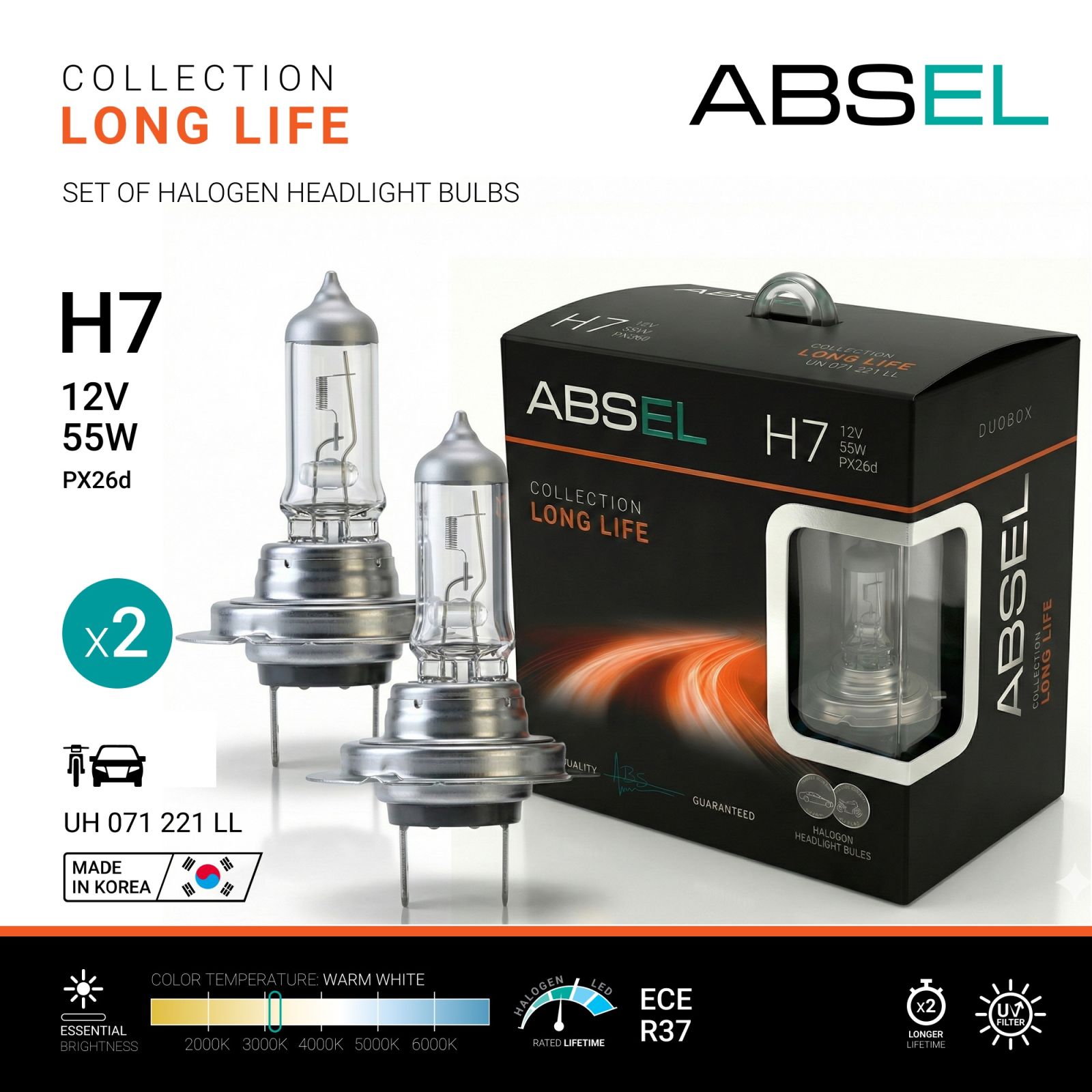 Лампа галогенная H7 PX26d 55W 12V LONG LIFE (комплект 2 шт) ABSEL UH071221LL